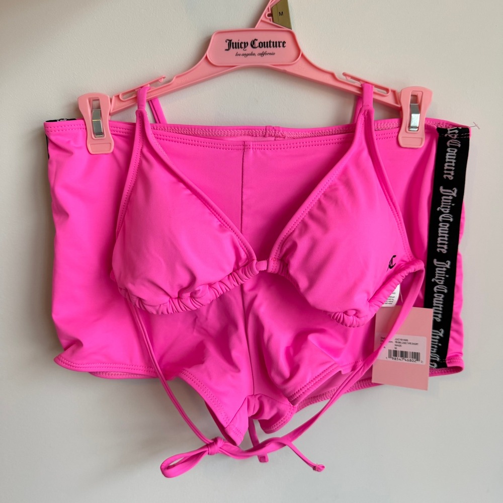 New Juicy Couture Medium 2 pc Bikini Bathing Swim Suit Pink Black Shorts Sporty